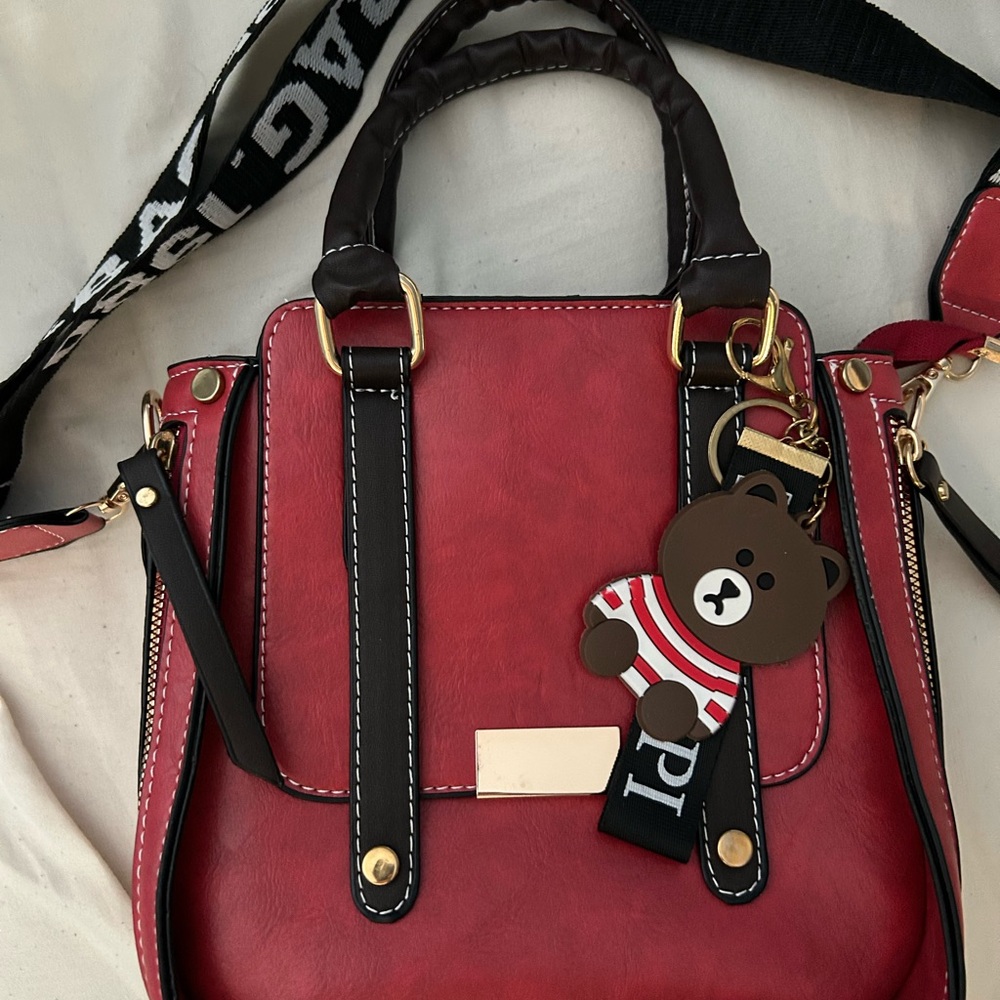 Stylish Red Handbag with Bear Charm